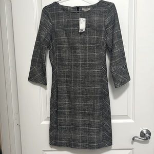 NWT H&M Women’s Junior XXS 3/4 Bell Sleeve Black Gray White Plaid Tartan Dress